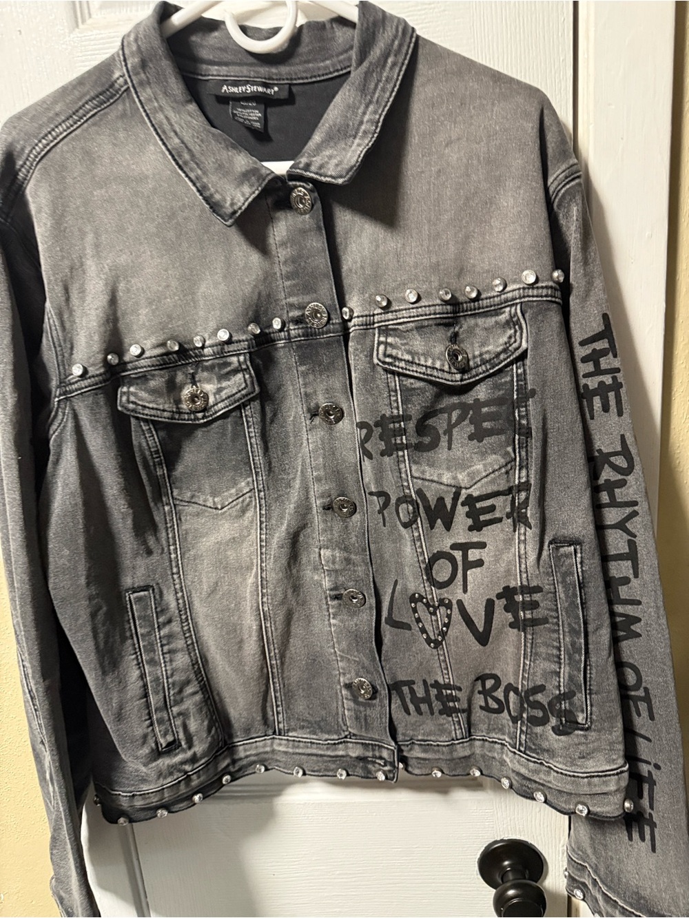 Ashley Stewart Gray Studded Denim Jacket with Graphic Sleeve pockets,Sz 18 to 20